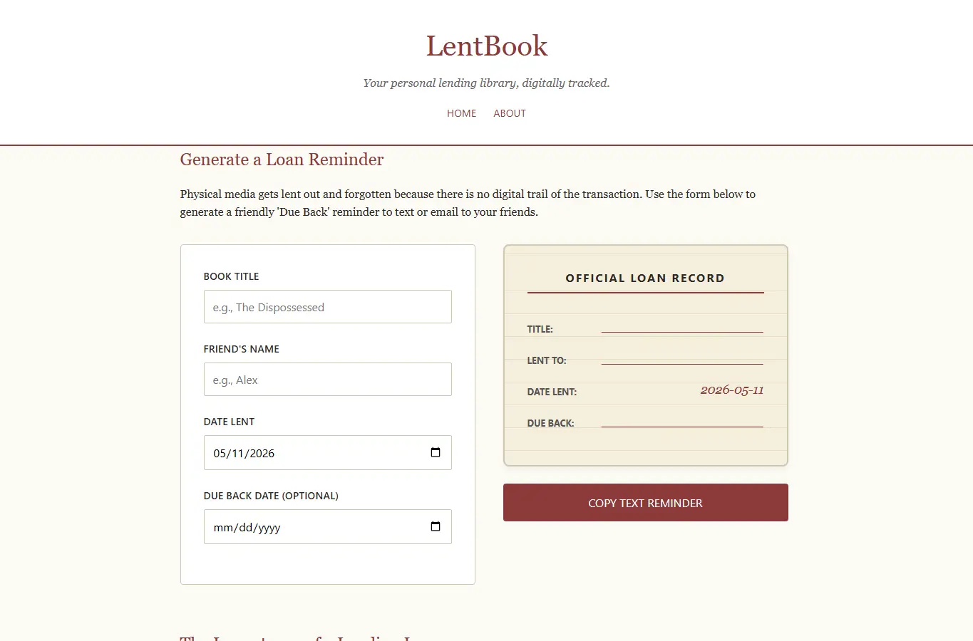 Screenshot of LentBook: Community Loan Log interface showing the project page in use